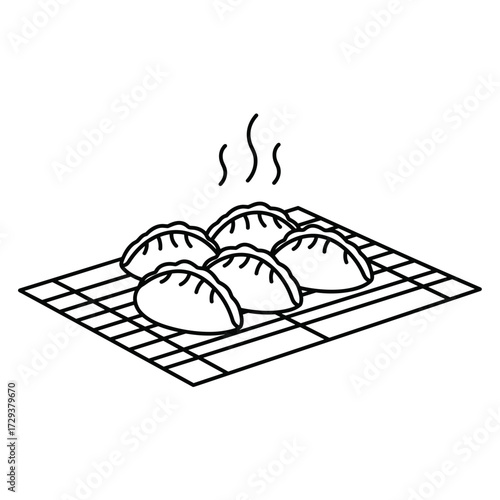 Steaming dumplings arranged on bamboo steamer with grill pattern  