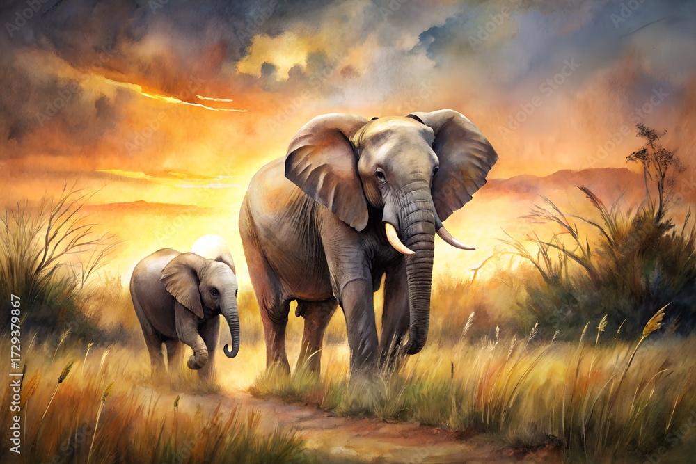 Fototapeta premium African elephants walking through the savanna during a vibrant sunset