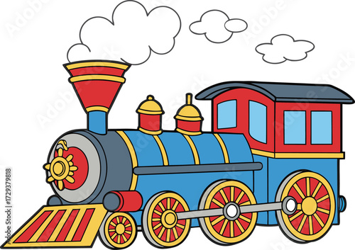 Vector art of colorful cartoon steam train with smoke coming out of the chimney