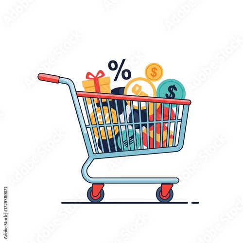 A shopping cart filled with various items including gifts, coins, and a percentage sign, symbolizing commerce and sales.