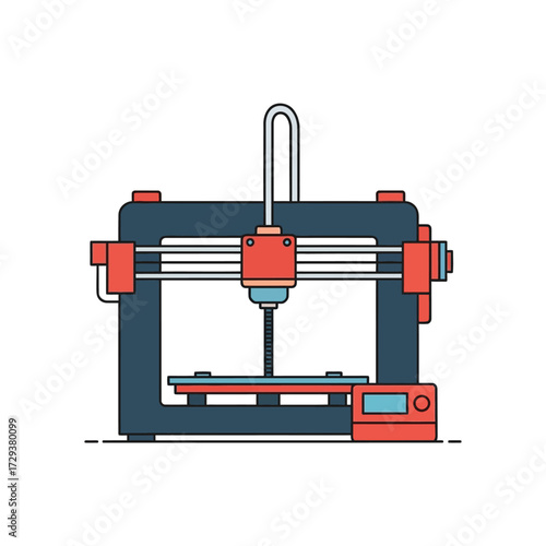 A flat design illustration of a modern 3D printer with a print head and build plate, showcasing additive manufacturing technology.