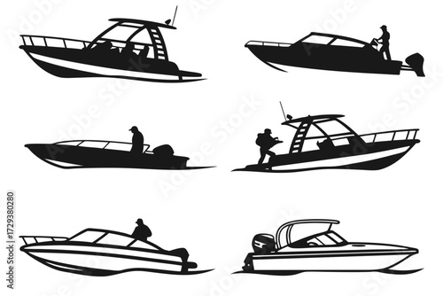 Explore boating lifestyle with various boat types speedboat fishing boat and yacht silhouette vector designs