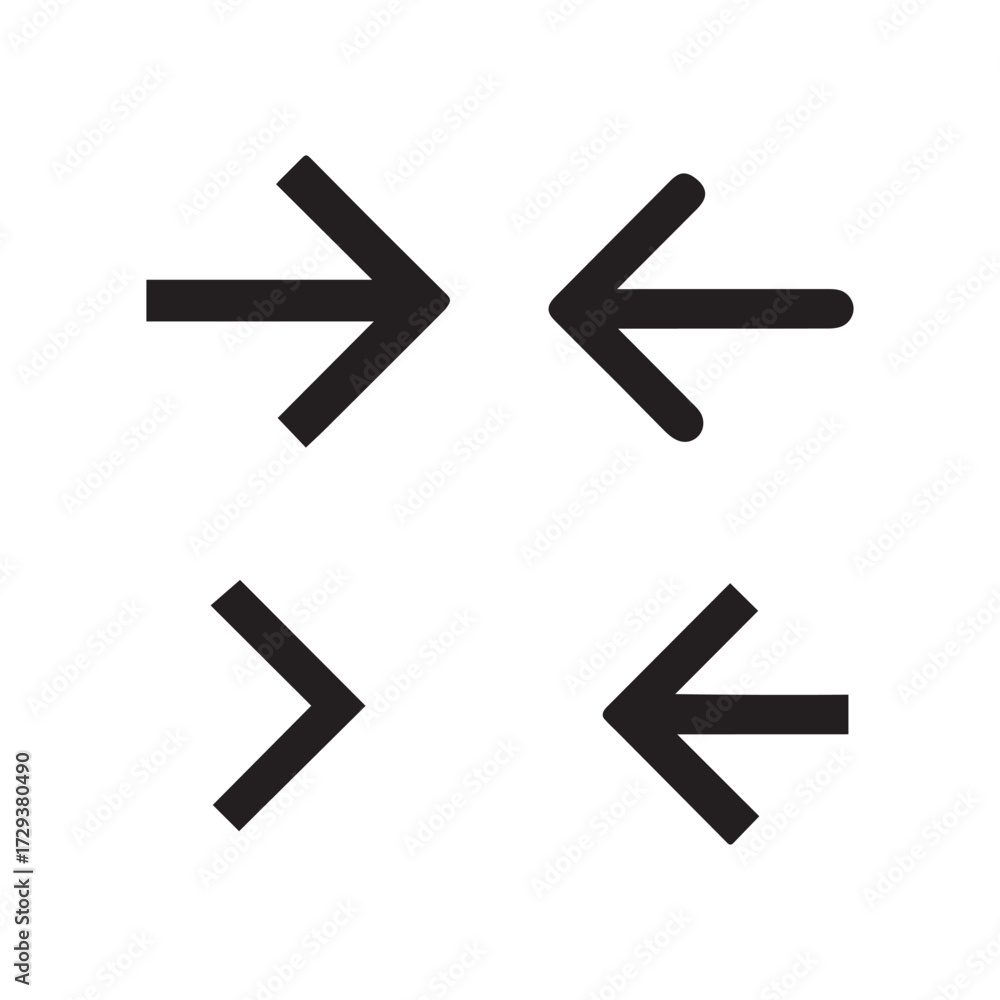 Fototapeta premium Four black arrows pointing inward towards each other in a cross formation indicating convergence direction and movement toward a central point silhouette