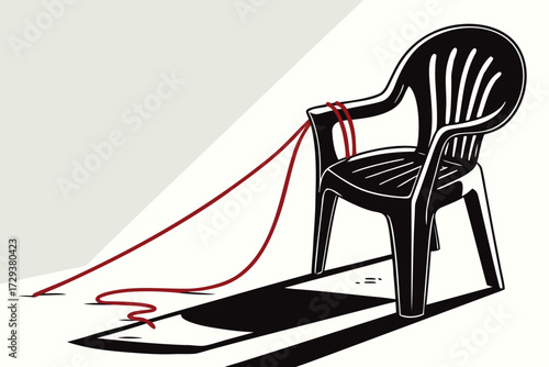  black plastic chair, red string or cord tied to chair, minimalist, bright white background, 3d render, cinematic lighting
