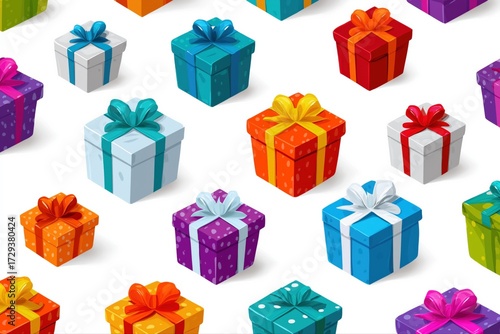 Colorful gift boxes pattern with bows on white background