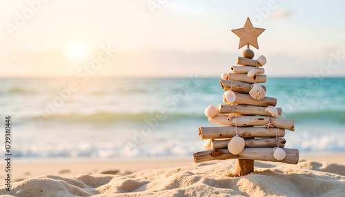 Decorative Christmas tree made of driftwood on sandy beach at sunset, Christmas at sea  