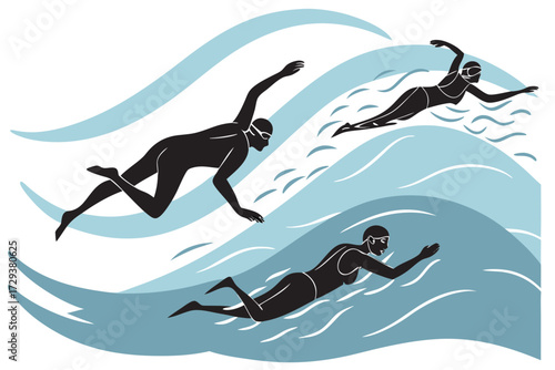 Swimming pool swimmers freestyle stroke swimming competition water sport training exercise recreation 100m race silhouette