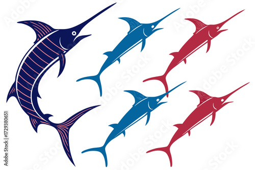Marlin fish vector illustration set, sport fishing design, ocean wildlife, swordfish silhouette, sea animal art