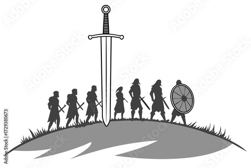 Sword in the stone arthurian legend knights of the round table medieval fantasy quest adventure story tale silhouette