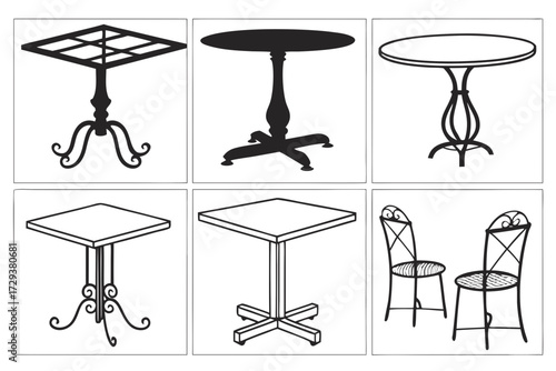 Collection of restaurant tables cafe tables bistro tables and chairs furniture design vector illustration silhouette