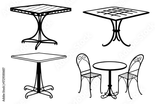 Downloadable vector illustration of outdoor furniture set including tables and chairs for patio designs 100 silhouette
