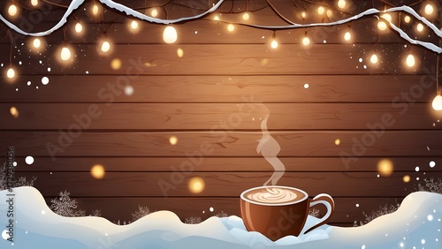 Winter Sale Background with Hot Cocoa and Fairy Lights