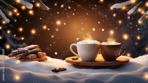 Winter Sale Background with Hot Cocoa and Fairy Lights