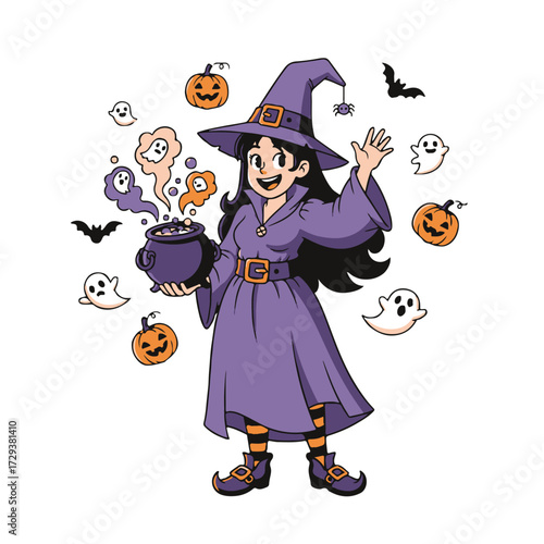 Witch with cauldron and pumpkins isolated on white background