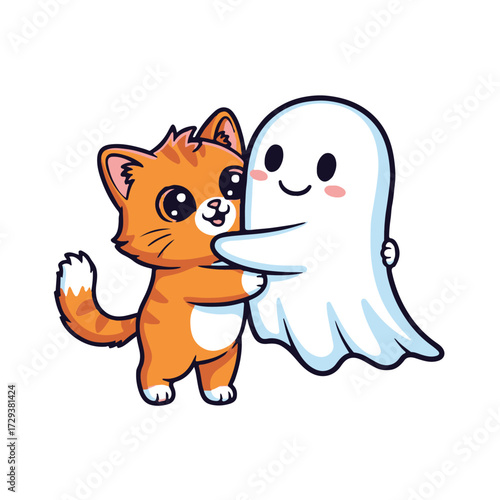 Cute cartoon orange cat hugging a friendly ghost isolated on white background