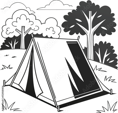 Vector art of a black and white illustration of a camping tent set up in a wooded area with trees and bushes