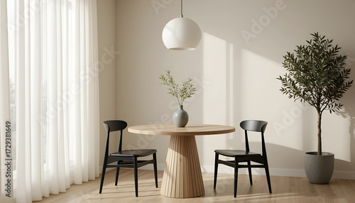 Minimalist Dining Room with Round Wood Table and Two Black Chairs