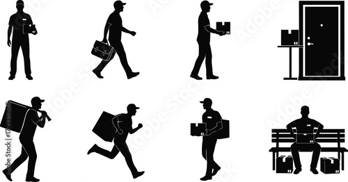 Delivery service silhouette set of courier people and parcels, showing shipping, running, and delivering packages to a customer's door