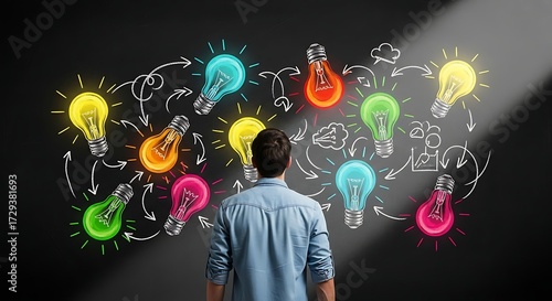 Man observing colorful glowing lightbulbs and chalk drawings ideas creativity