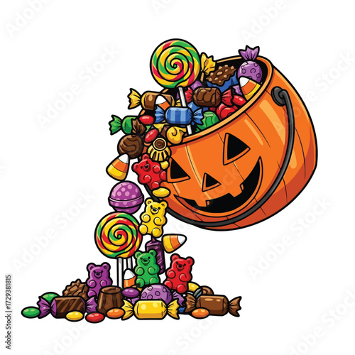 Halloween pumpkin bucket overflowing with colorful candy and lollipops