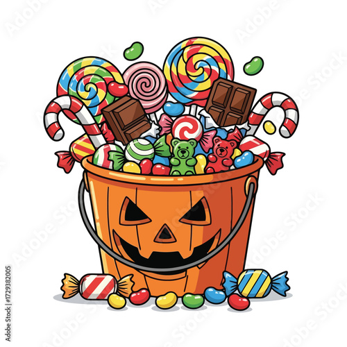 Halloween candy bucket filled with assorted sweets and lollipops