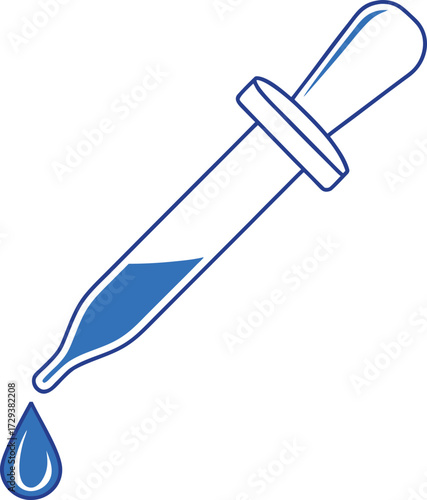 Vector art of a blue liquid is dripping from a glass dropper isolated on a, symbolizing measurement and precision