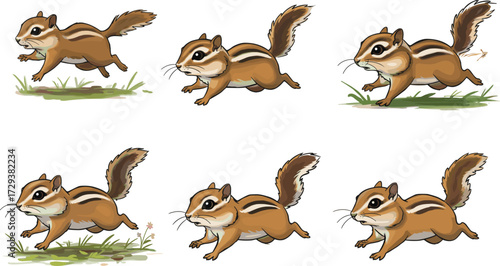 Chipmunk running sequence illustration, wildlife animal artwork, forest rodent drawing, nature inspired character design, dynamic movement study, outdoor grass background artwork