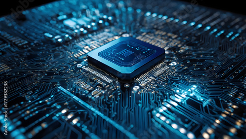 “Artificial Intelligence AI Chip and Processor Technology on Circuit Board with Digital Neural Network, Futuristic Blue Microchip Design for Innovation, Machine Learning, and Data Computing”
