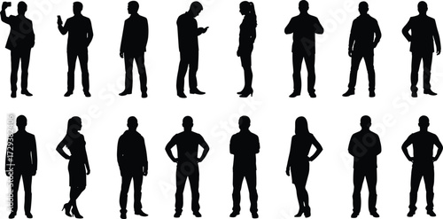 Diverse men and women silhouettes in a large set, showing various business and casual poses for graphic design and marketing materials