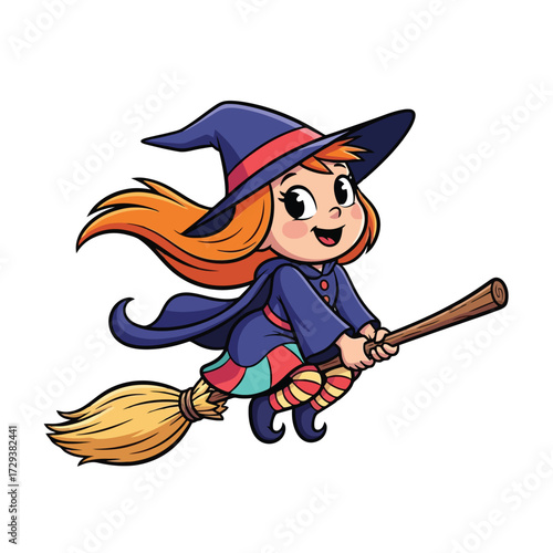 Cute cartoon witch girl flying on a broomstick isolated on white background