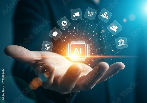 Wallpaper Mural A person's hand displaying AI technology with graphics symbolizing finance, shopping, and security against a dark background. Torontodigital.ca