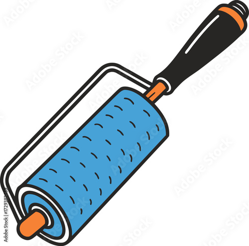 Vector art of a blue textured roller with a black handle and orange accents, isolated on a