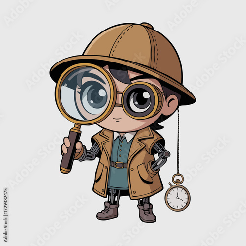 steampunk time-travel detective pocket watch magnifying glass exposed clockwork limbs brass gears mystery kawaii character for editorial stickers game assets and nostalgic branding campaigns