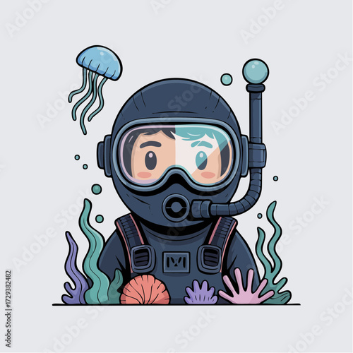 bioluminescent deep-sea explorer glowing tentacle helmet coral-encrusted suit jellyfish companion underwater adventure kawaii mascot for educational stickers app icons and ocean conservation promos