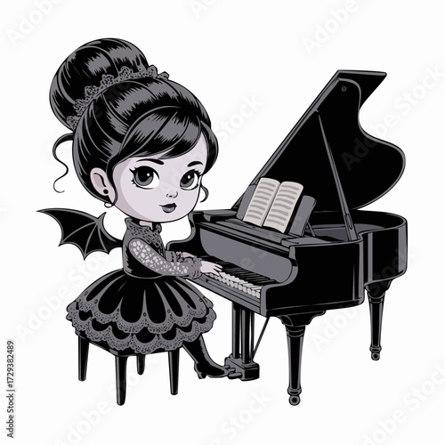 gothic lolita moonlight pianist lacy black dress floating grand piano crescent moon bat wings dark elegance kawaii musician for album art editorial stickers theatrical promotional assets 