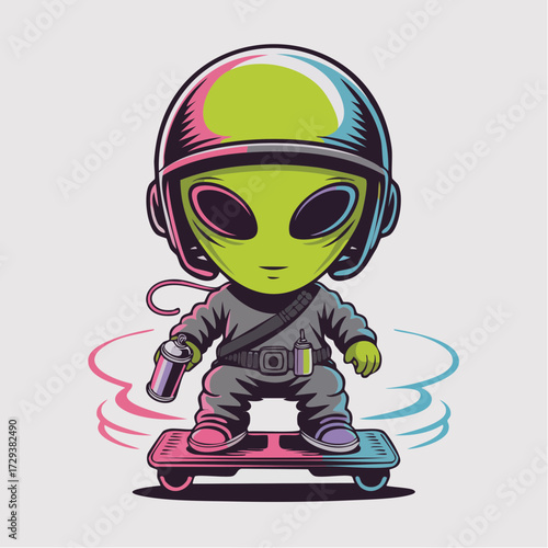 galactic street racer alien neon-skinned on hoverboard spray-paint can glowing tire trails urban sci-fi kawaii mascot for gaming stickers apparel promotional branding and social media icons