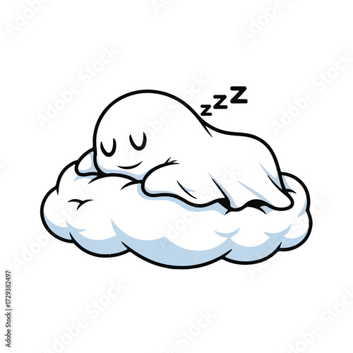 Cute cartoon ghost sleeping on a cloud isolated on white background
