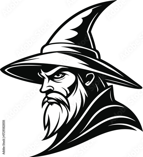 Vector art of a stylized black and white illustration of a wizard with a pointed hat and beard