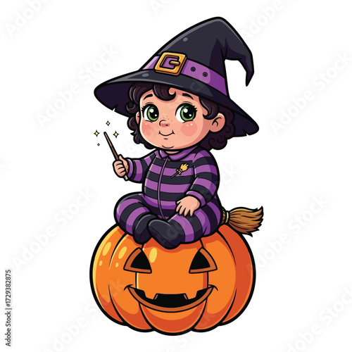 Cute witch child sitting on a jackolantern isolated on white background