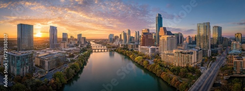 Panoramic cityscape at sunrise over a river (4)