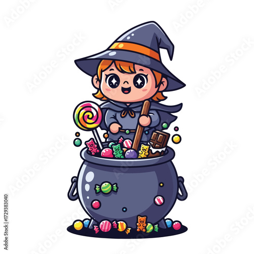 Cute witch with cauldron full of candy and lollipop isolated on white background