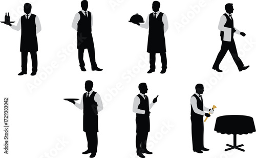 Elegant silhouette collection of professional male waiters and servers carrying trays, plates, and bottles, ideal for hospitality and restaurant themes