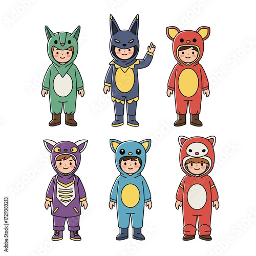 Children in cute animal costume pajamas for sleepover party
