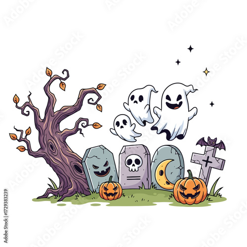 Cute cartoon ghosts and pumpkins in a graveyard isolated on white background