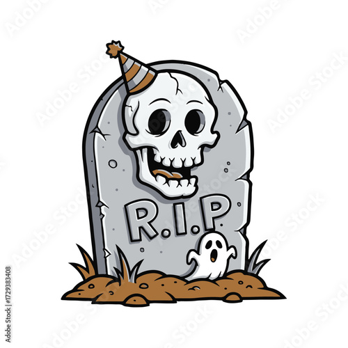 Tombstone with skull and ghost isolated on white background