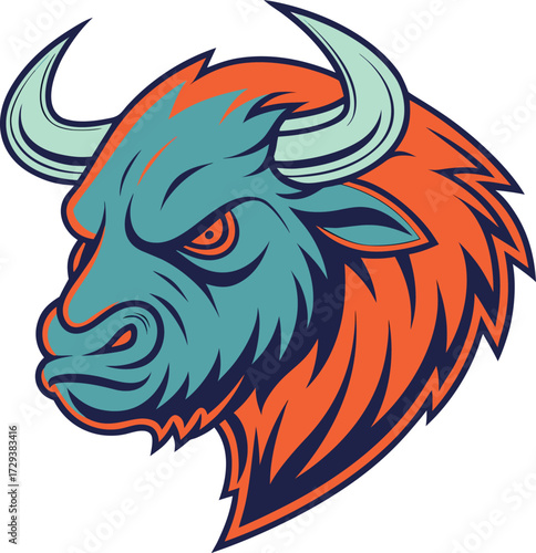 Vector art of stylized illustration of a fierce buffalo head with orange mane and teal face