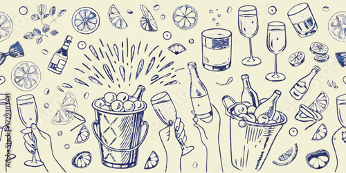 Hand drawn sketch of champagne bottles in ice buckets with citrus slices and glasses celebrating a party