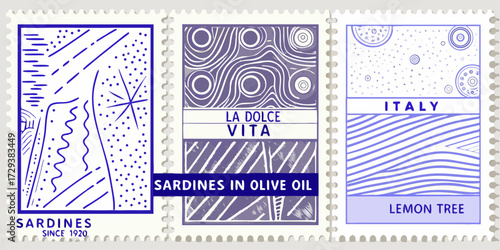 Vintage italian sardine stamp designs featuring abstract patterns and text la dolce vita