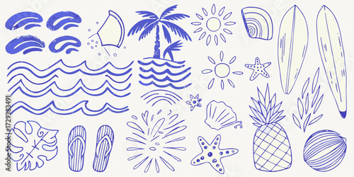 Collection of hand drawn blue beach and summer icons on a light background