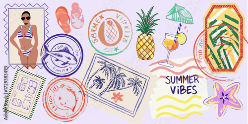 Collection of colorful summer themed stamps and illustrations including a woman in a bikini pineapple and cocktail
